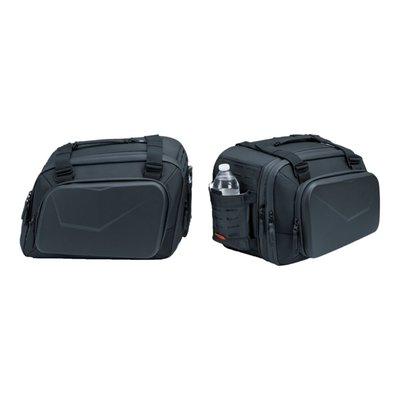 Clamshell opening with interior mesh fence and side gussets to protect/retain gear when accessing main storage. Media storage for up to a 12" device. Forward-facing bottle pocket. Anti-scratch back side and heat resistant bottom. The 2" expansion option offers enough storage to fit a full-face helmet. Top carrying handle and a shoulder strap for off-bike transport. Heavy-duty welded D-rings and straps for mounting. Thermoformed construction and components for strength, security and shape retention. Weather-resistant 1680 denier textile material, with included rain cover
- Approx. dimensions: 16" (40.6cm) wide x 9.5" (24cm) deep (11.5" / 29.2cm expanded) x 11" (27.9cm) tall. 
- Capacity: 1672Cui (27.4 liter) in each bag, (2024Cui / 33.2 liter expanded).