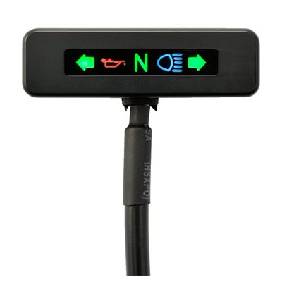 Black anodized finish. CNC machined aluminum body with 5 LED indicators for Neutral (green), Hi-Beam (blue), Oil (red) and left/right turn signal (green). Dimensions: 46.8mm wide x 13.8mm high x 11.5mm deep.
