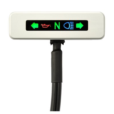 Silver anodized. CNC machined aluminum body with 5 LED indicators for Neutral (green), Hi-Beam (blue), Oil (red) and left/right turn signal (green). Dimensions: 46.8mm wide x 13.8mm high x 11.5mm deep.