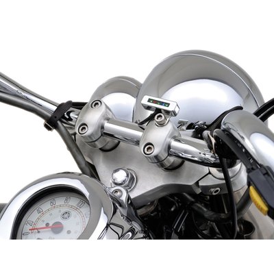 CNC machined aluminum body with 5 LED indicators for Neutral (green), Hi-Beam (blue), Oil (red) and left/right turn signal (green). Dimensions: 46.8mm wide x 13.8mm high x 11.5mm deep.