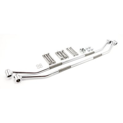 Round chrome steel. Incl. hardware. Max. load 6kg per side. Manufactured from chrome plated round steel bar, comes with hardware included and is compatible in many universal applications. 

Note: Turn signals may require relocation.