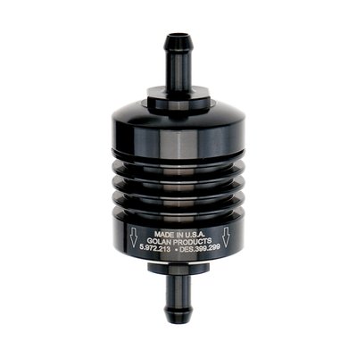 The filter elements are designed for use in the aerospace industry and is made of pleated 304 stainless steel with a filtering capacity of 10 micron on a total of 4 square inches of effective filtration area. 
It will flow 6 gallons per minute with the least possible restriction. Washable and indefinite re-useable. Filter housing is aluminum with a durable anodized finish. 
Dimensions 1.375"ø x 1.750" (34.93mm x 44.5mm). 
Fittings not included