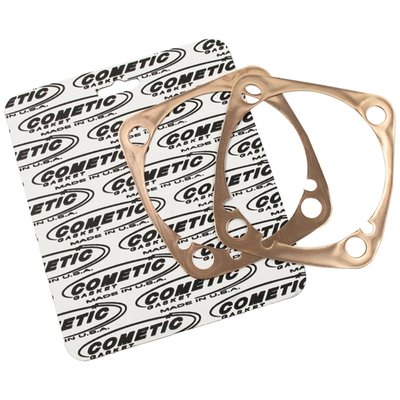 'Type A' gasket. 3-13/16" big bore copper gasket.
Type A gasket explained: The 'Type A' gasket is the early type introduced on the 1984 Evolution Big Twin models, and can be used on all of the 84-99 Evo Big Twin models and will follow the contoures of the cylinder base perfectly. They will fit 86-22 Evo XL, but stick out at the cylinder base. Both type 'A' and type 'B' have identical inner bore diameter, oil hole and stud hole locations. Gaskets for front & rear cylinder are identical. Only difference between the 'A' & 'B' gaskets is the outside perimeter.
