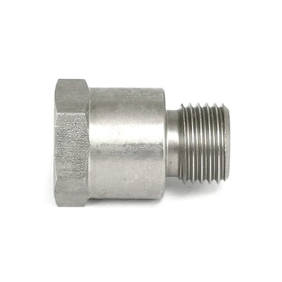 Stainless steel. 
Adapter 1/2-20 male (crankcase side) to 1/8" NPT female (oil gauge side).  
Used between crankcase and oil gauge fitting. 
Excludes the required 507195 (OEM 11105) O-ring. 
Note: See optional 901220 (chrome) or 900879 (stainless) 45° adapter fitting to give the rider a better view on the oil gauge, while riding. 