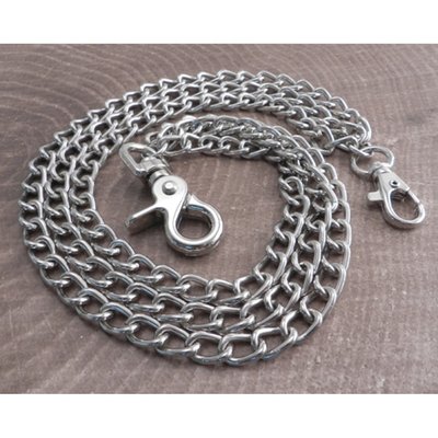 Silver; three chains, 16, 17 and 20", with smooth elongated welded links; nickle-plated steel; chain links 5/8" length by 3/8" width; the sturdy snap hook and dual wallet hook end-pieces adds approximately 3" to the chain lengths