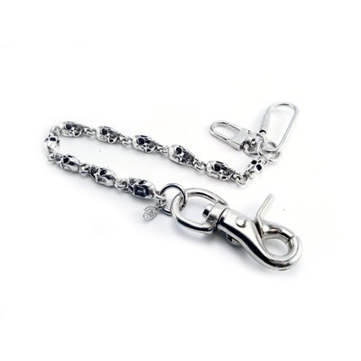 Silver; Pewter chain with antique silver plating; with thin, elongated skull heads; skulls measure 3/4"" length by 1/4" width; the sturdy snap hook and dual wallet hook end-pieces adds approximately 3" to the chain length