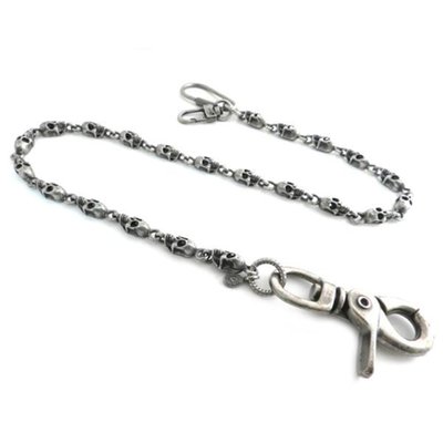 Silver; Pewter chain with antique silver plating; with thin, elongated skull heads; skulls measure 3/4"" length by 1/4" width; the sturdy snap hook and dual wallet hook end-pieces adds approximately 3" to the chain length