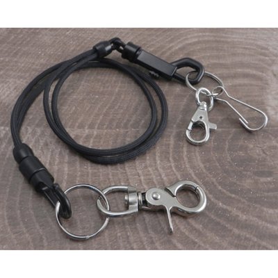 Black; with multiple removable key chains and carabiners; most parts are plastic and all are durable
