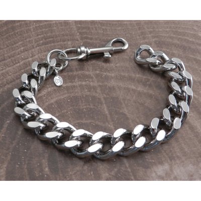 Silver; made to fit an 8" wrist; heavyweight chain with 'cut' links; chrome-plated steel; with Snap Hook closure; chain links 3/4" lenght by 1/2" width