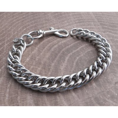 Silver; made to fit an 8" wrist; heavyweight chain with large rounded links; chrome-plated steel; with Snap Hook closure; chain links 3/4" lenght by 1/2" width