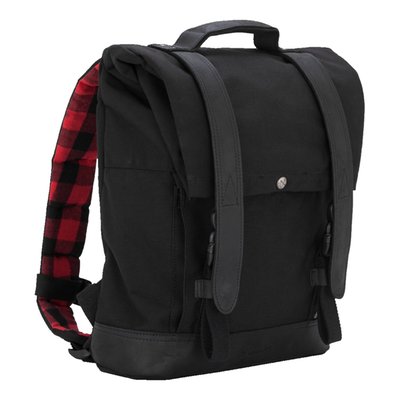 Black Cordura®; 
With leather paneling for support and a fully padded interior that has a partition for a 15" laptop
With "anti- flail snap" system