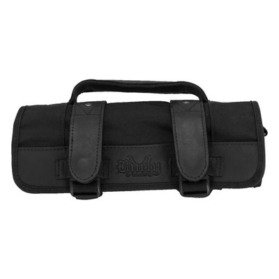Black CORDURA® material. Comes with leather straps and carry handle for multi-purpose use. Eight-pocket system in three widths to accommodate multiple tools sizes and include a catch-all zipper pocket for small bits. With high quality 'moto centric' speed buckles and zippers. Adjustable quick release mount system for handlebars, sissy bars or frame. Dimensions with bag empty approx.: 11" long x 7-1/2" wide x 2" high.