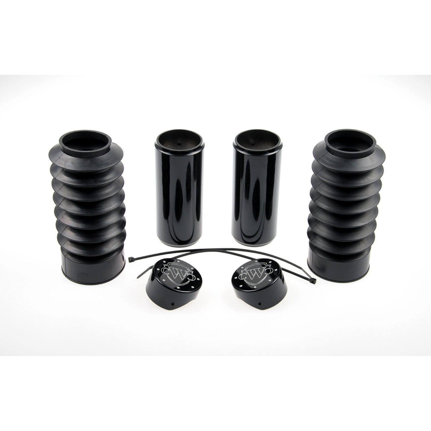 Cult-Werk, 6-piece fork tube cover kit. Gloss black. Logo
