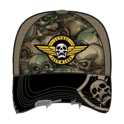 mesh trucker cap; camo; embroidered graphic, adjustable snap back, curve bill