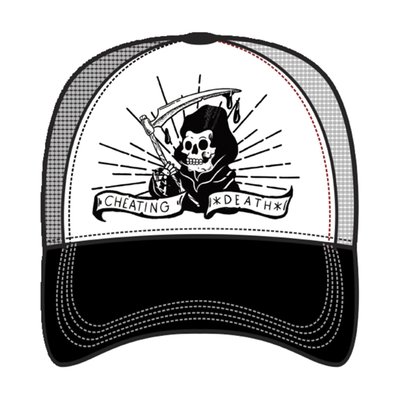 mesh trucker cap; black/white; embroidered graphic, adjustable snap back, curve bill