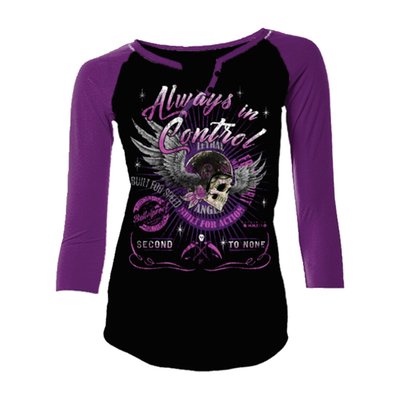 100% cotton; black/purple; 3/4 lenght baseball sleeve style shirt