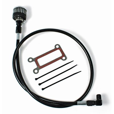 Black cap. Touring models have the oil tank mounted under the transmission. The engine, with two massive pistons going up and down, breathes in to the oil tank. This system is a way to vent the oil tank to help reduce pressure build-up and reduce power robbing pressures and stops dipstick blow-out. Comes as complete kit with filter, braided clear PVC covered lines and, if required, gaskets. 
Note: Early Touring models require dipstick housing removal. Gaskets are supplied where required.