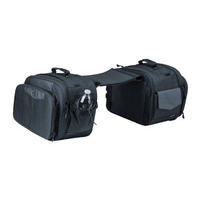 Throw-overs are a classic since the Pony Express, and for good reason. Maximum on luggage, quick on/off and in the Kuryakyn Outrider version with a versatility Pony Express riders could only dream of. Use as a single or two individual suitcases or combine both with the fully adjustable throw-over belt to throw-over saddlebags. Clears most turn signals. Anti-scratch backside and reinforced bottom. With side doors & front stash pockets. Adjustable internal divider for improved luggage organization. UV-rated, weather-resistant 1200 denier textile construction with removable rain covers. 
- Approx. dimensions: 18" wide x 8" deep (10" expanded) x 11" high (per bag). 
- Capacity 26 liter and 32 liter expanded per bag. 
- Note: Allow 4" clearance from exhaust system. 
- Note: Does not include 567282 Momentum Rambler roll bag.
