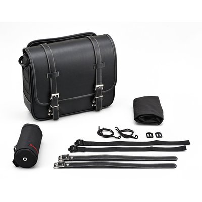 12 liter; dimensions approx. 27cm high x 36cm long x 12cm thick; left or right use; with rain cover and bottle holder