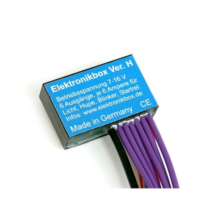 Basic brain box; Input voltage: 7 - 16 Volt; Connections: Control unit 0,5mm², user 1 mm², with 10 cm long wires; Max Amp. from 12V connection: 15 Amp.; Dimensions: 40 mm x 12.5 mm x 25 mm. 
When building a bike, or fully replacing the electrical wiring of an existing motorcycle, a brain box is a good option for a simple, solid and dependable wiring system. Lights are dimmed at starting. The brain boxes with handlebar wiring adapters simplify wiring and make it almost invisible when compared with some other brain boxes on the market. Housing is polycarbonate, waterproof cast with epoxy resin. Max. ambient temperature is 100 degree Celsius and maximum output is 5 Amp. per exit and 3 Amp. for horn. Compatible with miniature pushbutton control knobs that function with super thin wiring. Brain boxes can easily be tie-wrap clamped to frame tubes or similar. All come complete with super clear installation instructions.

Note: Connecting starter motor directly on brain box will cause damage. The H-D starter motor takes 10Amp for the solenoid to switch and requires an additional small automotive relay between starter output of the brain box and the starter solenoid. 
Note: Added in 2025 is a gray cable. This is an output for the turn signal LED in the speedo. You can use this output if your speedo has only one LED for both directions. 

