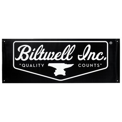 Screenprinted heavy-duty vinyl Biltwell banner with bold black-and-white or multi-colored designs. Metal grommets on perimeter make hanging with zip ties or nails easy. Great for trackside, workshop or home garage. This 18" x 48" banner makes a fine addition to any workshop.