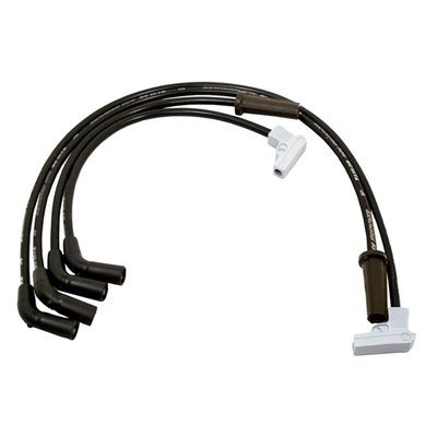 4-wire set. Includes one 34" 180° plug & 135° coil + one 30.5" 90° plug & 135° coil (front) and one 18" 90° plug & 135° coil + one 17.25" 180° (straight) plug & 135° coil (rear). Compatible with all H-D ignition systems, both points and electronic. The 9mm Fire Power wires come with the core of the ThunderVolts, according to Taylor these are the best wires money can buy. The 25 ohm/ft. ferrite spiral core is made with a blend of copper nickel alloy which is bonded by a conductive acrylic cover. Taylor claims more horsepower, more torque and better mileage. With the silver metallic plug boots styled after a 9mm pistol it gives a very distinctive look.
Note: Some electronic ignition manufacturers do not recommend using spiral wound core cables. Check the instruction manual of your electronic ignition module for more information. When in doubt it is advised to use suppression core cables for electronic ignition set-ups.