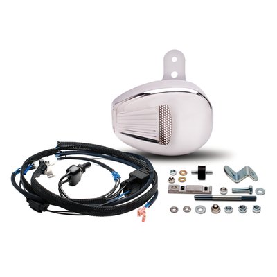 The Forceflow cylinder head cooler incorporates a high power fan, great for Stop & Go traffic. It can decrease cylinder head temperature up to 100 °F (37 °C) when idling in the sun and can be turned on/off by hand at will or by thermostat. The Forceflow is mounted in the horn location. A mini horn is included and located inside the Forceflow housing as a complete package. 
Note: Compatible with both oil cooled and water cooled heads, but Twin Cooled models require a different placement of the thermostat, or on-off switching must be done manually. 