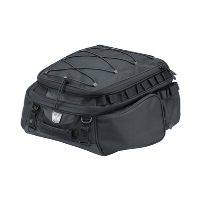 Fits rear fender, rear seat or luggage rack; 17.5" wide x 15" deep x 8" high; Capacity 1680 Cui (27,5 liter); Durable UV-rated, weather resistant 1200 denier textile material with removable rain cover; External adjustable bungee storage; carrying handle & removable shoulder strap; strap kit included; External quick-stash pockets & bottle pockets; Includes clear protective film for fender/paint protection