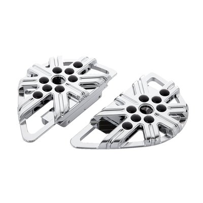 An artist's impression of floorboard looks with a 10-gauge spread pattern in a 3-D design. 
- Chrome plated billet aluminum 
- Offers improved space for foot placement 
- Replaces the stock footpegs 
- Approx. dimensions: 7" (17.8cm) long x 4" (10.2cm) wide x 1" (2.5cm) thick