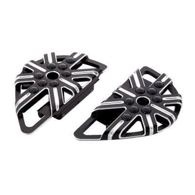 An artist's impression of floorboard looks with a 10-gauge spread pattern in a 3-D design. 
- Black anodized billet aluminum with a Contrast Cut machined finish 
- Offers improved space for foot placement 
- Replaces the stock footpegs 
- Approx. dimensions: 7" (17.8cm) long x 4" (10.2cm) wide x 1" (2.5cm) thick