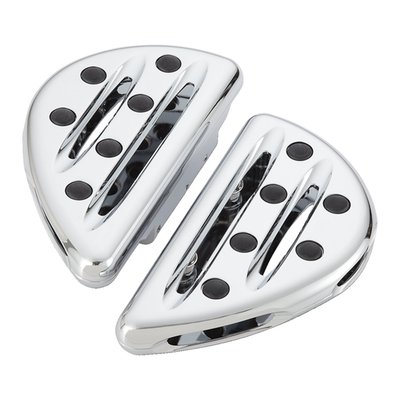 A very visual design style matching the flowing Indian lines. Special rubber inserts offer foot traction and protects the board's chrome plated finish with accent cuts. 
- Chrome plated CNC machined billet aluminum 
- Offers improved space for foot placement 
- Replaces the stock footpegs 
- Approx. dimensions: 7" (17.8cm) long x 4" (10.2cm) wide x 1" (2.5cm) thick 
Note: See 569779 for a style matching shift/brake peg