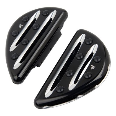 A very visual design style matching the flowing Indian lines. Special rubber inserts offer foot traction and protects the board's black anodized finish with subtle accent cuts. 
- Black anodized with a Contrast Cut machined finish 
- Billet aluminum CNC machined 
- Offers improved space for foot placement 
- Replaces the stock footpegs 
- Approx. dimensions: 7" (17.8cm) long x 4" (10.2cm) wide x 1" (2.5cm) thick 
Note: See 569780 for a style matching shift/brake peg