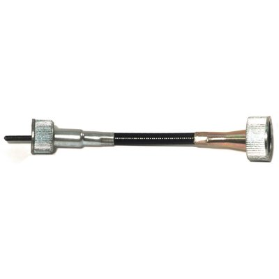With 5/8-18 threaded nut on the speedometer side. 
Used with transmission driven speedos in combination with large dash mounted FL type speedos (up to 1980) and all aftermarket FL type speedos, which have 5/8-18 thread. 
Stock length. 
OEM replacement reference 67026-62T. 