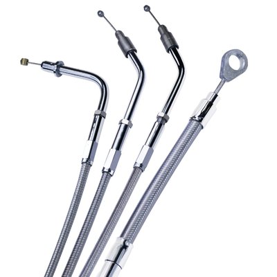 Braided, a braided steel cable with clear protective coating and chrome fittings.  
Our standard custom cable length is 63", outer cable length, which includes the adjuster in the middle of the cable.
Note: Will not fit models with sidecars or hydraulic master cylinders. 06-up Softail and Dyna models have a shorter inner cable. 
Note: Comes with 06-16 early style manual screw-type adjuster. 