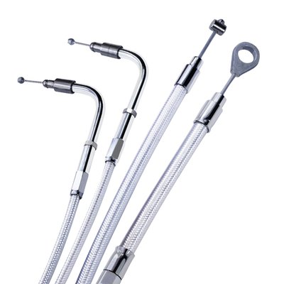 Platinum, a bright silver plated braiding with clear protective coating and chrome fittings. 
48-3/4" outer cable length. 
Standard custom cable length is 52-3/4" outer cable length, which includes the adjuster in the middle of the cable.