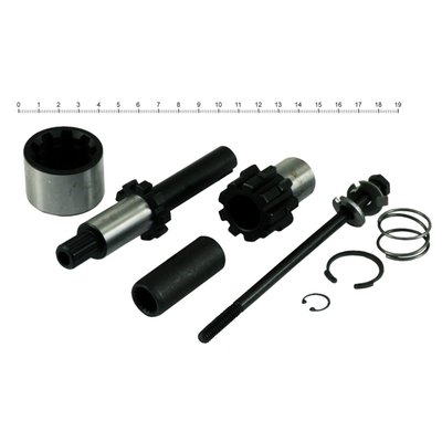 9 tooth gear. Jackshaft assembly. Used when converted to a 66T starter ring gear. Includes all parts you need between the starter motor and the 66T starter ring gear.