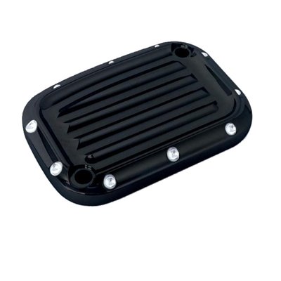 Front brake master cylinder cover in CNC machined billet aluminum with a black anodized finish.