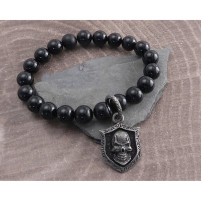 with 1" x 3/4" Skull shield; 8mm black glass beads