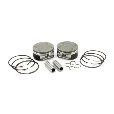 Forged Super Duty series for the Milwaukee Eight engine. With hard anodized crown and top ring groove to reflect heat and prevent ring to groove 'micro-welding'. The Line2Line abradable self-lubricating powder coating technique allows zero tolerance installation, final tolerance will be 0.003". The piston creates its own perfect tolerance during run-in, the coating automatically gives the tightest possible & perfect piston to cylinder fit for no piston rock and best possible ring seal. 
Note: Fits 114/117" M8 engines, cylinder must be bored to 4.125" big bore size. Case boring is not required, OEM weight so rebalancing is not required and works with stock 4.500" stroke. 
10.9:1 CR. (with 88.6cc head volume). 
Piston weight: OEM. 
Piston pin weight 115gr., offset: 0.025". 
Piston: +1.9cc/Flat top. 
Compression height: 1.083". 
Ring pack: 1.2mm 1.2mm 3.0mm. 
Bore 4 1/8" / Stroke stock 4.500".