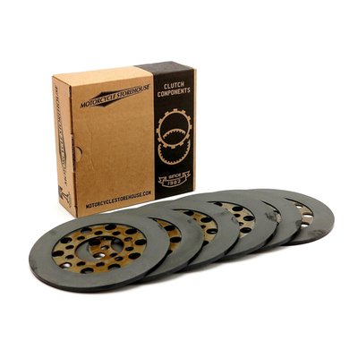 5 friction plate set. 
Motorcycle Storehouse friction and steels are high quality and developed in a dynamic testing environment. 
The price / quality ratio is clearly higher than average standards. 
Friction disc sets are made from organic friction material, bonded to a hardened aluminum base. Perfect for any stock replacement and can, like OEM, be run both wet or dry. 
OEM replacement reference 37850-68. 
Note: Steel drive plates are sold separately.