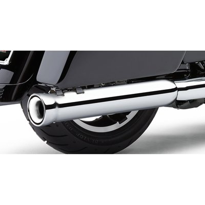 Chrome. Comes with a 3" diameter body that bells out to 3.5". These are perforated core slip-on mufflers that are, some say, too loud and nickname them 'Neighbor Haters'. But for the Loud Crowd these are the slip-ons that will truly bring life to the bike! The sound is loud & low and fully different from the shrill sound of drag pipes due to the 2" constant velocity baffle design with stainless mesh and high/density bonded fiberglass wrap. 
Note: Very loud.