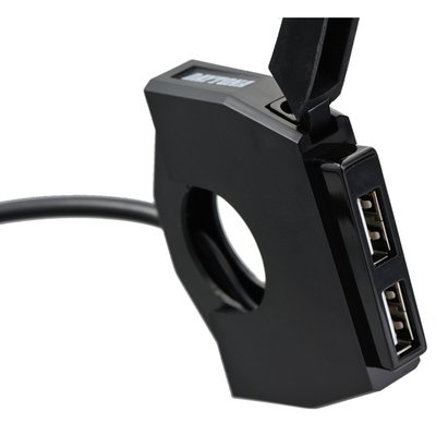 A necessity for any traveler with a charging need. Allows connecting two USB devices. 
Each output supplies 5V 2.4A. Includes a 3A fuse. 
Two-piece clamp-on design that will install directly 1" (25.4mm) handlebars. 
Installs with the included rubber band, to compensate for handlebar thickness, on 7/8" (22mm) handlebars. 
With flip-up design USB port cover. Offers a clean looking and inconspicuous install