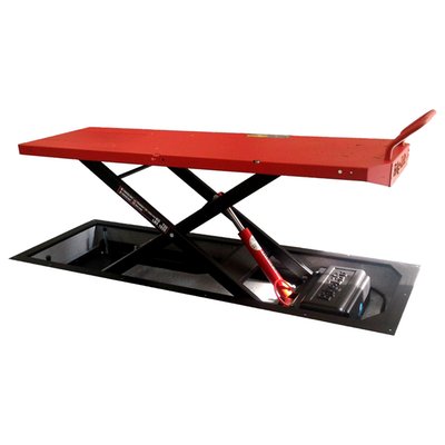 Black powder coated. Max load: 750kg; Lift weight: 260kg; Min height: 20cm; Max height: 130cm; Table top: 220cm long x 75cm wide; Table top with side wings: 220 long x 92cm wide; Side wings: 212cm long x 8.5cm wide; Rear slide-away drop gate panel: 60cm long x 36cm wide; Overall dimensions: 230cm x 92cm; Floor dimensions: 225cm long x 80cm wide x 19.5cm deep; Run-up ramp: 82 x 51cm.
Professional recessed scissor style motorcycle lift, designed to be build into the floor of the workshop. Essentially identical to the Absolute 756 - Gate but due to its recessed design the Absolute 756 - Gate Floor offers easier on-off rolling of heavy bikes and the super clean looks in the down position that only recessed lifts can offer. Required built-in floor dimensions: 225cm long x 80cm wide x 19.5cm deep. Comes with a 230V electric operated hydraulic pump with a wired remote control for easy & dependable control with built-in magnet for easy storage on the lift. A slide-away rear drop gate panel of 60cm long x 36cm wide allows easy access to the rear wheel. Full table top length is 220cm long x 75cm wide without side wings. The side wings are 212cm long x 8.5cm wide and run on both sides over its full length for easy momentary storage of nuts, bolts and other small parts. The lift comes with safety locking positions in 8 different heights and a removable front safety bar to prevent over-shooting the lift when rolling on the bike.