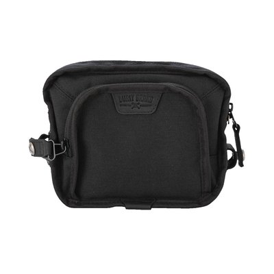 Burly calls this their 'Voyager Handlebar Bag' and nicknamed it Dime Bag. Stuff it with dimes, bank notes or something else, its true middle name stays multi-functionality. Great for use on club style bikes equipped with T-bars or high style risers but that don't mean its use is limited to handlebars since it mounts virtually everywhere. Comes with two exterior zippers with a large interior space and elastic pockets the feature YKK zippers secured with an anti-flail snap system. Mounts with 4 Velcro straps and MOLLE system. 
Approx dimensions: 25.5" (64.8 cm) high x 9" (22.9 cm) wide x 9" (22.9 cm) deep