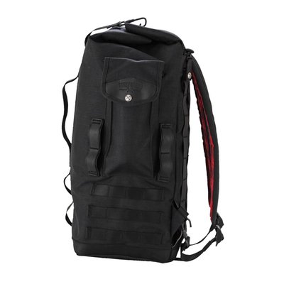 Three clever carry options with hidden backpack straps, a leather wrapped side grab handle for easy duffle bag mobility and two tie-down straps secure the MOLLE system to most Sissy Bars. High quality 'moto centric' zippers with metal Burly embossed button snaps and accents as well as an 'Anti-Flail Snap System' keep everything secure.
Made from black Cordura® with leather paneling.
Approx. dimensions: 16.5" (42cm) tall (when closed) 9.0" (23cm) wide and 9.0” (23cm) deep