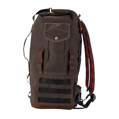 Three clever carry options with hidden backpack straps, a leather wrapped side grab handle for easy duffle bag mobility and two tie-down straps secure the MOLLE system to most Sissy Bars. High quality 'moto centric' zippers with metal Burly embossed button snaps and accents as well as an 'Anti-Flail Snap System' keep everything secure.
Made from Dark Oak wet waxed UV treated cotton canvas.
Approx. dimensions: 16.5" (42cm) tall (when closed) 9.0" (23cm) wide and 9.0” (23cm) deep