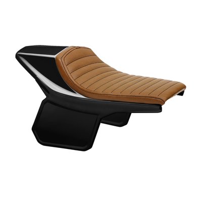 With dark brown synthetic leather seat. This is a universal flat track kit for custom builds, made in collaboration with Wrenchmonkees. Manufactured from black unpainted ABS plastic. This kit includes a seat with a Flat Racer SCR4 seat, which consists of 4 parts, a seat cowl, the upholstery base with 2 mounting points (M6-Steel plus nuts) to allow easy installation and 2 adjustable side number plates. The seat comes with 20mm thick seat foam that is covered with a water repellent membrane below the synthetic leather upholstery. Also included is a front number plate and a set of style matching fork guards. 
Note: Installation modifications to be expected.