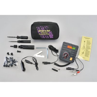 Everyting required for reparing and re-inflating the tire; Incl. tire plug repair kit & a compact mini air compressor; weight 1.7lbs (770 gram); Dimensions approx. 7" x 3" x 3.5" (18cm x 8cm x 9cm) 
Note: Mini compressor is not for use on car or truck tires