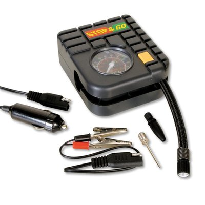 Very small and easy portable. Can easily be carried on-bike. Built-in gauge 0-50 psi (approx. 3.4 bar); 12V. Inflates a motorcycle tire in less than 10 minutes. Weight 14 Oz (414 gram). Dimensions approx. 4" (10.2cm) x 2" (5.1cm) x 6" (15.2cm)

Note: Not for use on car or truck tires. 
Note: When an optional power point, like 990052, is installed on the bike allows you to connect the Stop & Go compressor directly to the bike. It also allows the connection of a trickle charger for winter times.