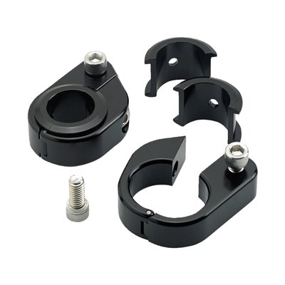 Gloss black electroplated. O/S (Over Sized) with insert to fit 1" and 1 1/4" diameter tubing. These CNC T-6 machined aluminum speed clamps are used to mount speedo or tacho meters. Designed to clamp to the uprights, or risers, of T-Bar style handlebars. Easy to install with the hinged style mount. Comes with a 5/16-18 threaded bolt hole for which an allen cap bolt is included.